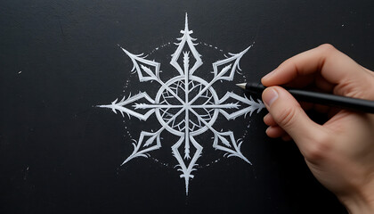 Hand-Drawn Snowflake: Intricate Winter Design on Black Background