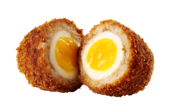 Scotch egg cut in half, showing yolk and meat.
