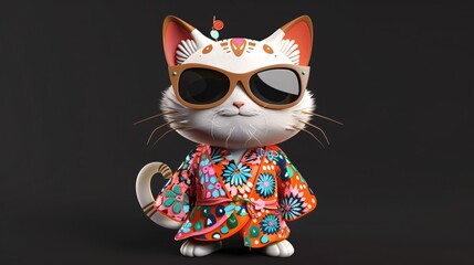 Charming cat in vibrant kimono with floral patterns, standing on a dark background.
