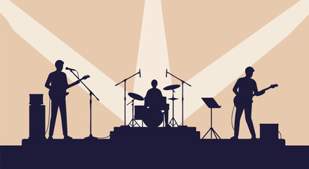 Band playing music onstage under bright spotlights, silhouette for advertising