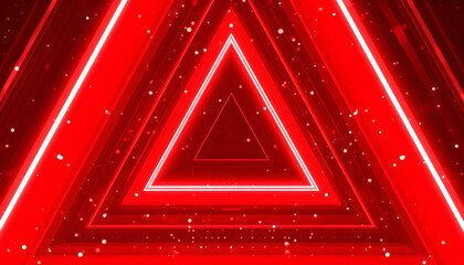 Luminous Red Neon Triangle Tunnel with Floating Light Particles