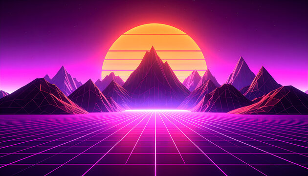 Luminous Retrowave Horizon with Striped Sun and Digital Mountain Range