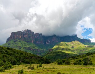 Fototapeta premium Verdant Escarpments under Ethereal Skies: A Majestic Landscape Unveiled Before the Viewer