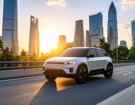 Sleek white SUV drives on city highway at sunset