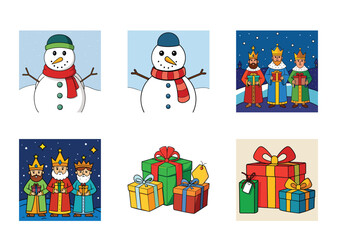 Festive holiday themed vector art illustration featuring snowmen, kings and gifts