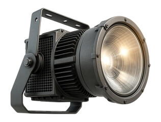Industrial spotlight with a robust metal frame and a powerful lens emitting bright light, suitable for high-intensity lighting applications and stage production.