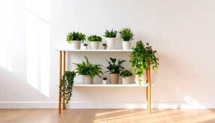 Naklejka premium Lush Houseplant Collection on a Minimalist Shelf Bathed in Morning Sunlight