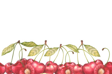 Seamless banner with watercolor illustration of a cherry or sweet cherry on a branch with a leaf. Cut cherry with pit. Food, botanical hand drawn illustration.