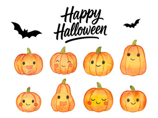 Vector cute Halloween pumpkins with happy faces in watercolor style. Fun autumn design with bats and lettering.