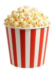 A striped red and white popcorn bucket filled to the brim with fluffy popcorn, ideal for representing cinema, snacks, and entertainment concepts.
