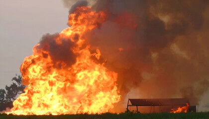Fototapeta premium Massive Fireball Explosion Engulfs a Rural Shed Under a Smoky Sky