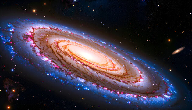 Majestic Andromeda Galaxy: A Tilted Cosmic View of Fiery Dust Lanes and Blue Stars.