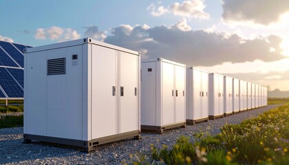 A row of white BESS containers with visible PCS cabinets, located in a solar plant