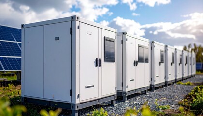 A row of white BESS containers with visible PCS cabinets, located in a solar plant