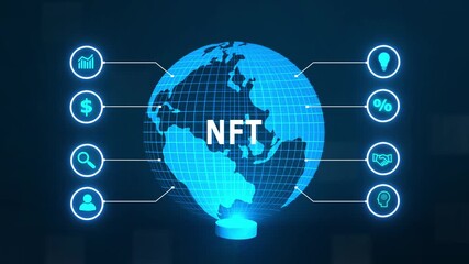 NFT Non-fungible token digital crypto on virtual, new business concept tee icon attached around the map features the concept of network and technology confirmed the map is rotating ,specify all icons - Powered by Adobe