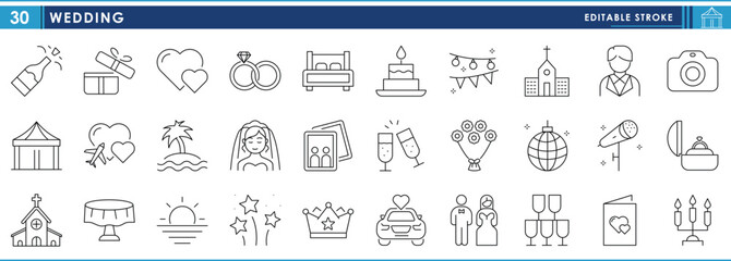 A set of line icons related to Wedding. Weds, party, catering, photography, drinks, bride, groom, invitation, ring, honeymoon, and so on. Vector editable stroke.