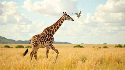 Fototapeta premium A captivating image of a giraffe gracefully resting in a golden savanna landscape.