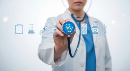 Doctor holding a stethoscope with medical icons floating around, representing healthcare technology and innovation, isolated on white background