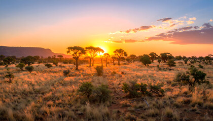 Naklejka premium Panoramic African Savanna Bathed in a Fiery Golden Sunset Glow