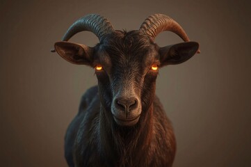 Glowing-eyed black goat portrait, dark background, fantasy art