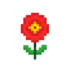 Obraz premium Pixel art red flower with yellow center and green stem