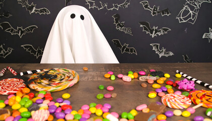 Playful Ghost Peeks Over a Table Laden with Colorful Halloween Candy and Treats