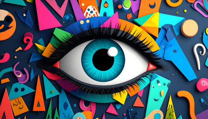 Pop Art Vision: A Striking Blue Eye Emerges from Colorful Geometric Chaos
