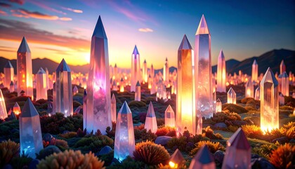 Glowing Crystal Field at Dusk Landscape with Mountains in the Background