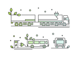 Minimal line art icons of electric bus truck, charging stations, green mobility infrastructure, sustainable public transport, eco transit, smart city transit, clean energy vehicles, zero emissions