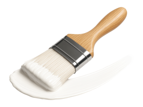 A paintbrush with a wooden handle is shown applying a smooth stroke of white paint, highlighting the bristles and texture of the paint application.