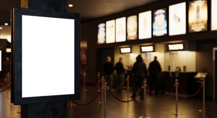 Blank white advertising screen in a cinema lobby with people in the background, ready for movie showtimes and promotions