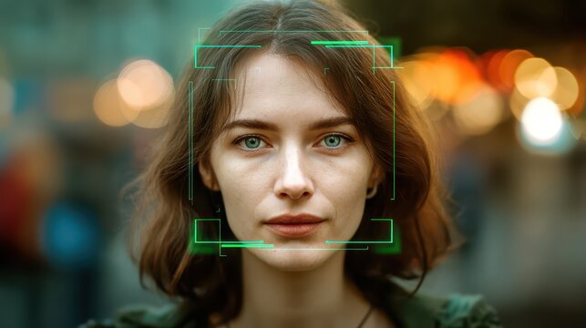 Portrait of a young woman with captivating green eyes, framed by soft bokeh lights, showcasing facial recognition technology in a vibrant urban setting - Powered by Adobe