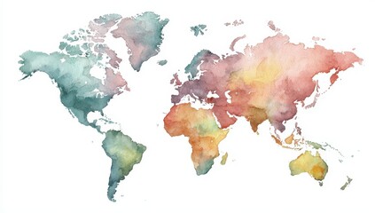 Watercolor world map, muted colors