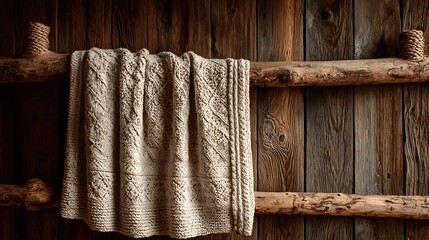 Handmade Knitted Blanket Draped Over a Rustic Wooden Ladder Against a Weathered Wood Paneled Wall Capturing the Essence of Comfort and Craftsmanship