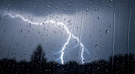 Lightning storm viewed through a rain-streaked window.
