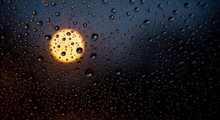 Rain-covered window at night, blurred city light visible through water droplets.