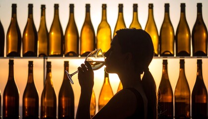 Silhouetted woman enjoys white wine against a backdrop of numerous bottles at sunset