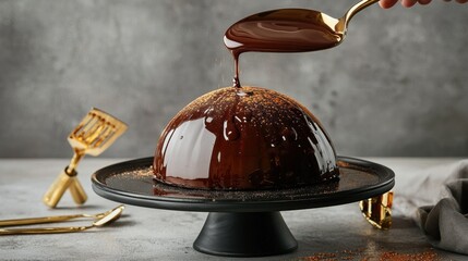 Mirror glaze pouring smooth chocolate coating onto round dessert, gourmet pastry chef technique with golden spoon and professional cake stand setup