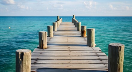 Fototapeta premium Wooden Pier Extending into the Turquoise Ocean Under a Clear Blue Sky Peaceful Scene