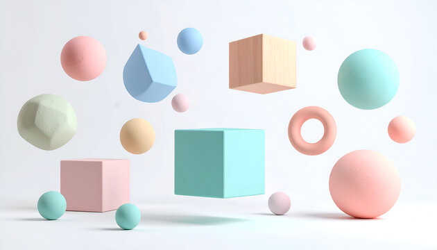 Serene Composition of Floating Pastel and Wooden Geometric Forms