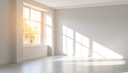 Serene Morning Light Casting Geometric Shadows in a Spacious, Empty White Room