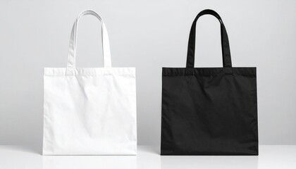 Contrasting Black and White Cotton Tote Bags on White Background Product Shot