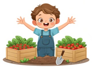 Illustration of happy boy gardening with fresh tomatoes in wooden crates isolated on white background