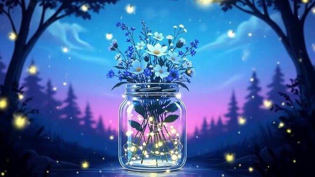 Enchanted night forest scene with a glass jar filled with blue wildflowers and glowing lights, creating a magical and dreamy atmosphere with fireflies