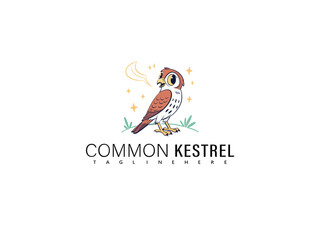 Obraz premium Whimsical cartoon Common Kestrel perched on a natural branch with cartoon clouds and floating feathers, great for dreamy wildlife prints, children’s art kits, and bird-themed vector branding content. 