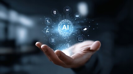 Futuristic AI network interface floating above human hand in dark digital environment
