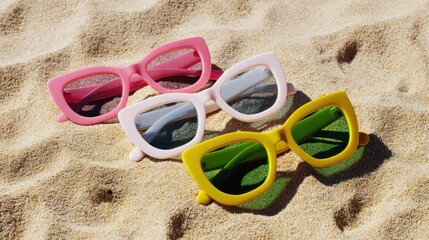 The playful collection of colorful sunglasses on sandy beach background.