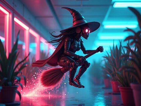 3D witch robot riding a broomstick in an office room, neon light atmosphere