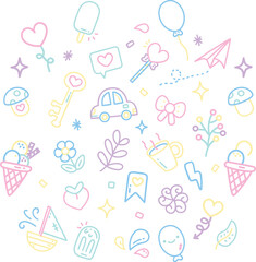 Playful pastel doodles featuring whimsical icons including hearts, balloons, cars, ice cream, and other cute elements