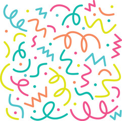 Cheerful confetti background with zigzags, swirls, and dots creating a festive and playful design